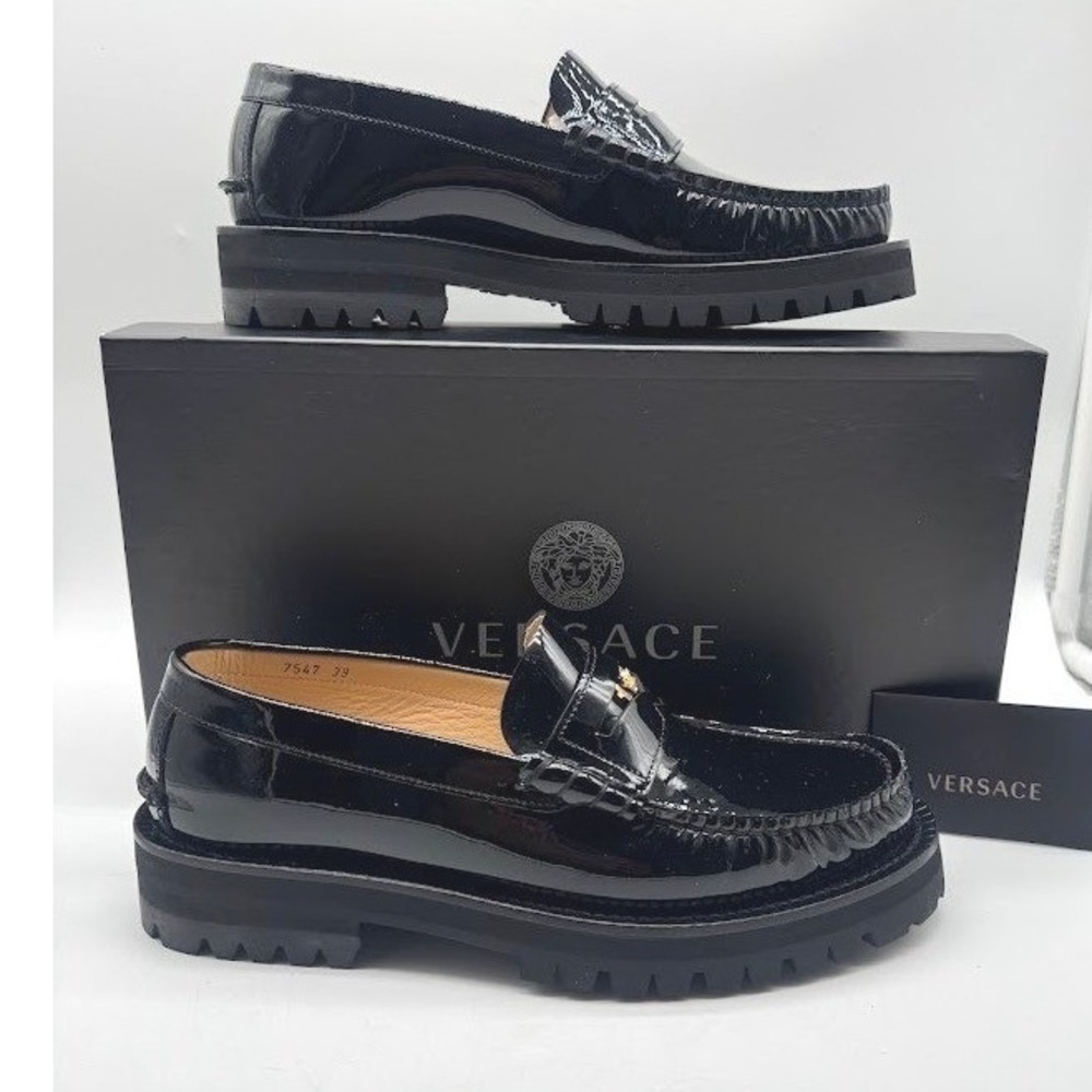 Versace Medusa Men Patent Leather Loafers Black IT 39 US 6 Gold DSU7547 NEW